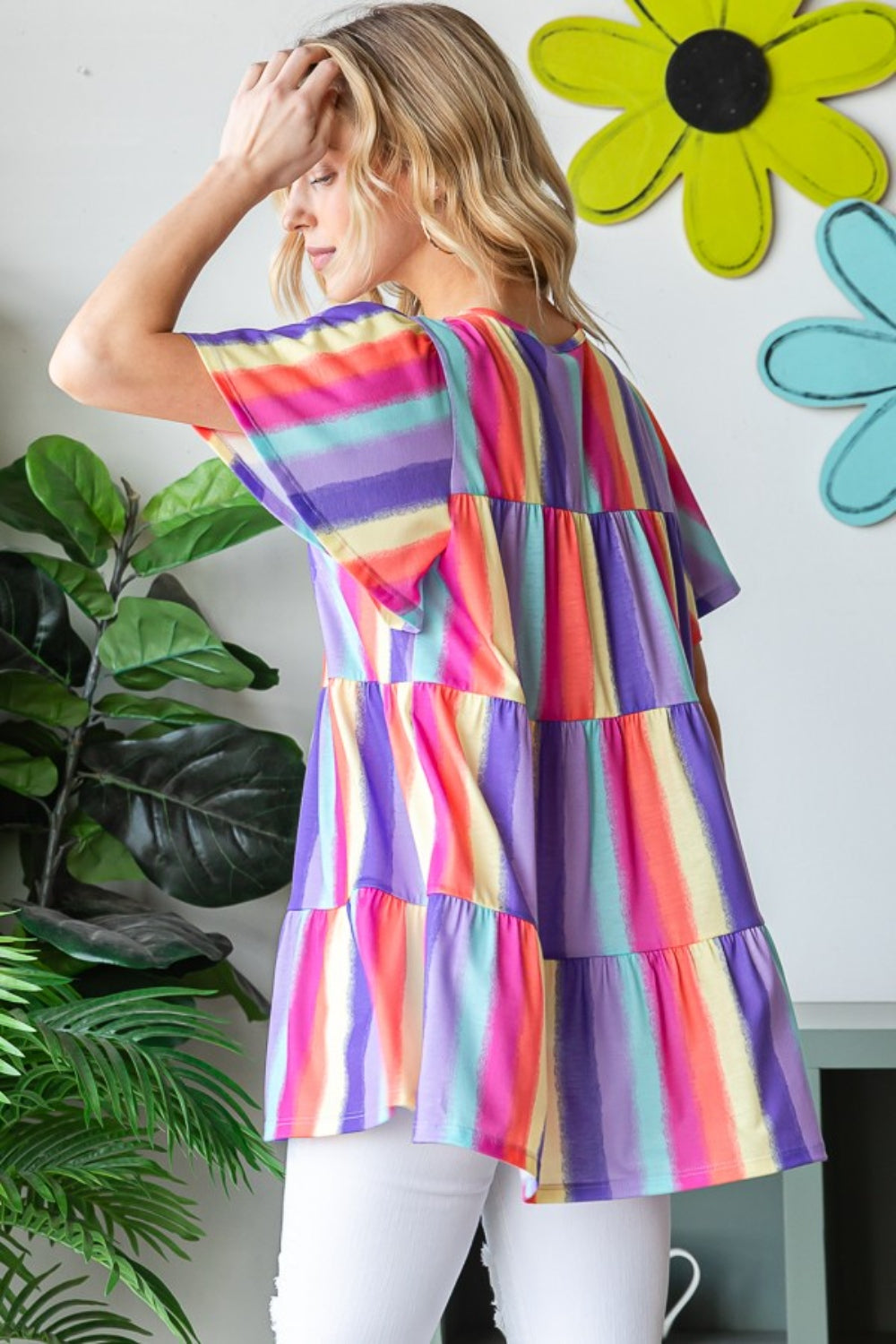 Heimish Full Size Short Sleeve Striped Tiered Top Heimish Full Size Short Sleeve Striped Tiered Top